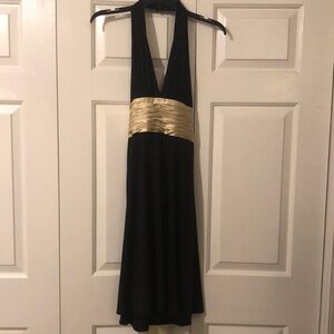 Maggie London Petites 4P cocktail dress - black with shimmery light gold sash.